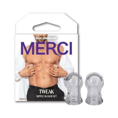Clear Merci Tweak nipple sucker set with packaging featuring a shirtless man demonstrating use on chest.