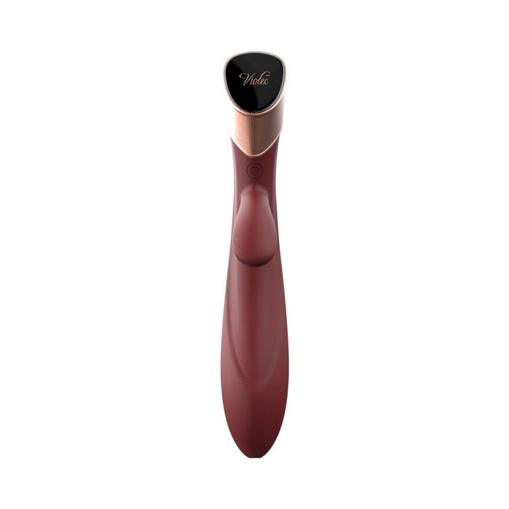 Sleek wine red Metis rabbit vibrator with touch panel control and rose gold accents, designed for dual stimulation.