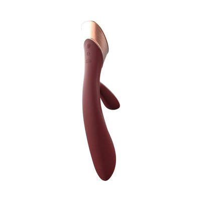 Metis Touch Panel Rabbit Vibrator in deep red with sleek curved design and rose gold touch control panel.