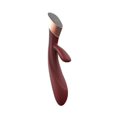 Metis Touch Panel Rabbit Vibrator in deep red with sleek curved design and rose gold accent, featuring dual stimulation arms.