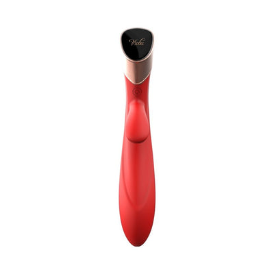 Red Metis Touch Panel Rabbit Vibrator with sleek ergonomic design and gold-accented touch control panel.