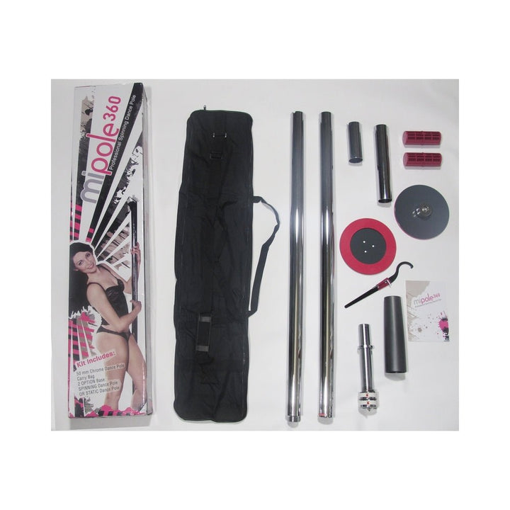 Mi-pole professional spinning dance pole kit with chrome pole sections, base parts, carrying bag, and assembly tool laid out on white background.