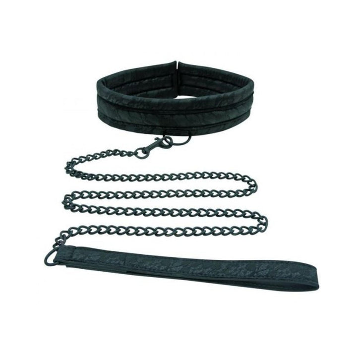 Black padded lace collar with adjustable chain leash featuring a comfortable handle for luxury and control.