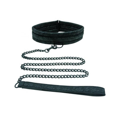 Black padded lace collar with adjustable chain leash featuring a comfortable handle for luxury and control.