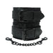 Black lace wrist cuffs with adjustable buckles and a detachable black metal chain with clasps.