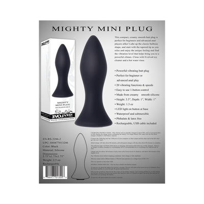Black rechargeable Mighty Mini butt plug with smooth silicone texture and tapered bulbous shape shown with packaging and product details.