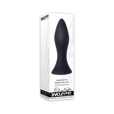 Black silicone Mighty Mini Plug rechargeable vibrator displayed on white packaging box with branding and product details.