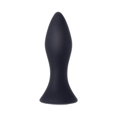 Compact black silicone butt plug with tapered tip and flared base, designed for comfortable and discreet use.