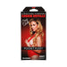 Packaging of Cherie DeVille Signature Pocket Pussy stroker featuring a model in red lingerie on a red background.