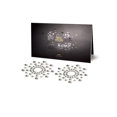 Bijoux Indiscrets Mimi Circles crystal clear rhinestone pasties with black decorative packaging on white background.