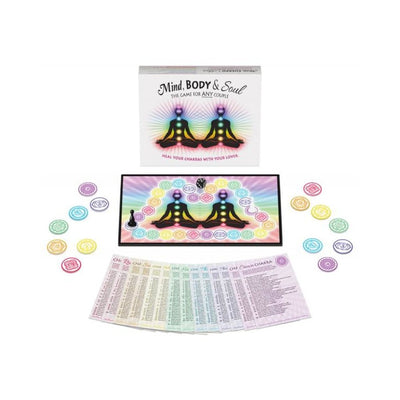 Mind, Body & Soul board game with chakra-themed cards, tokens, game board, dice, and markers for couples' spiritual connection.