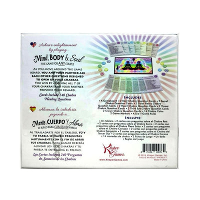 Back of Mind, Body & Soul board game box showing game description, components list, and colorful chakra-themed design.