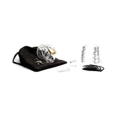 Clear Mini Me male chastity device with lock, keys, adjustable rings, numbered plastic locks, and black storage pouch on white background.