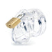 Clear Mini Me male chastity device with brass padlock secured on white background.