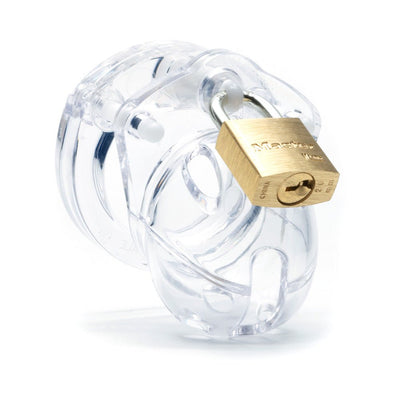 Clear Mini Me male chastity device with brass Master Lock attached, made of durable medical-grade polycarbonate.