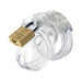 Clear Mini Me male chastity device with a brass Master Lock secured on a white background.