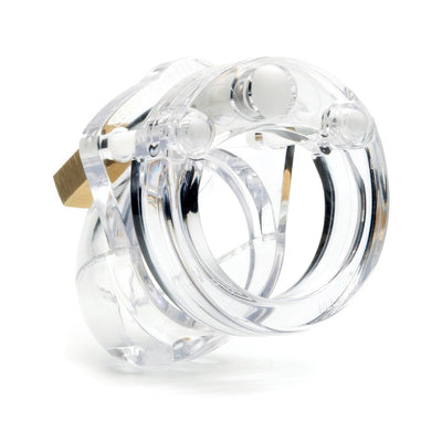 Clear compact male chastity device made of durable medical-grade polycarbonate with a secure locking mechanism.