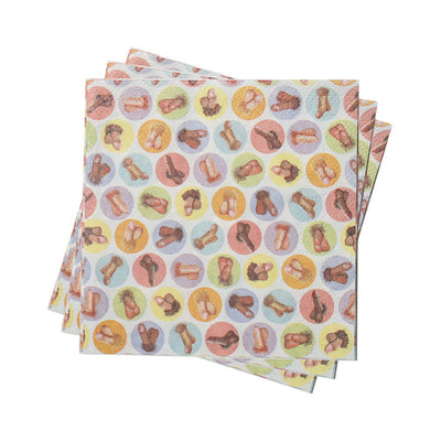 Pack of 8 colorful cocktail napkins featuring playful penis illustrations in various colors and styles on a white background.