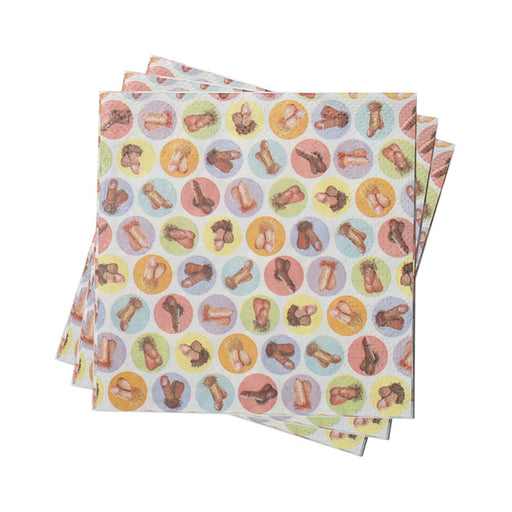Pack of 8 colorful cocktail napkins featuring playful penis illustrations in various colors and styles on a white background.