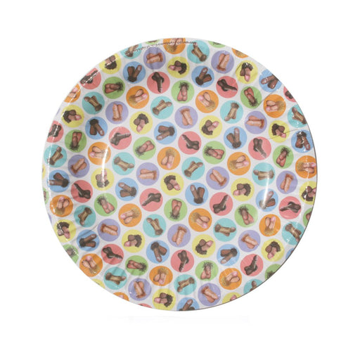 Round party plate with colorful circles featuring playful adult-themed illustrations in various skin tones.