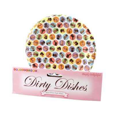 Pack of 8 colorful mini novelty plates with playful adult-themed illustrations, packaged with a pink header card.