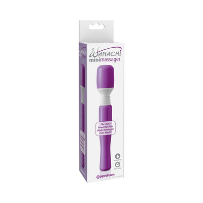 Packaging of the Mini Wanachi Massager showing a compact purple cordless body massager with flexible head and multi-speed features.