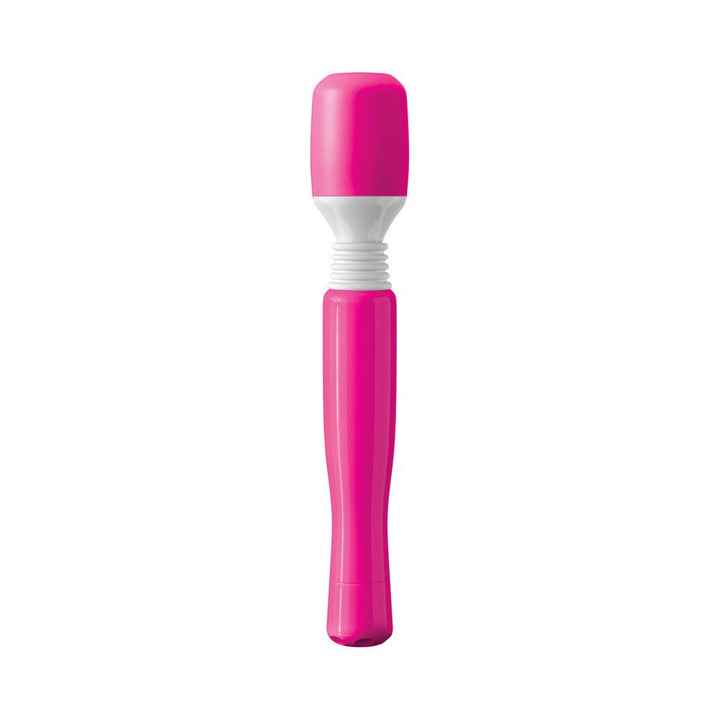 Compact pink and white cordless mini massager with flexible head for targeted muscle relief.