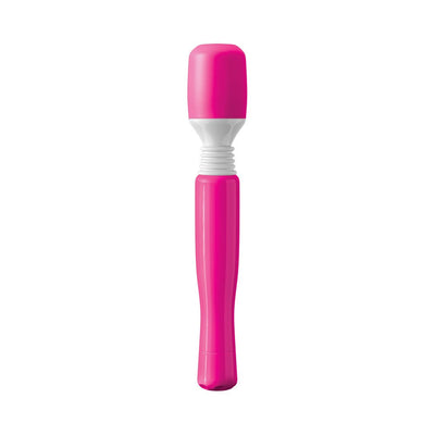 Compact pink and white cordless mini massager with flexible head for targeted muscle relief.