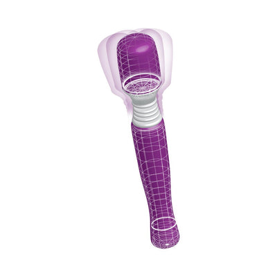 Purple cordless mini massager with flexible head shown vibrating, designed for targeted muscle relief.