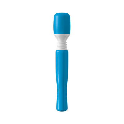 Blue cordless mini massager with flexible white neck and ergonomic handle for targeted muscle relief.