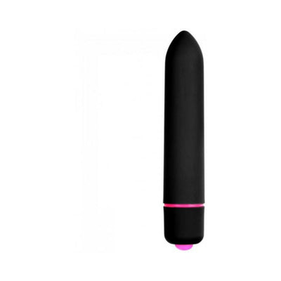 Black bullet vibrator with a pointed tip and pink accent ring, compact and sleek design.