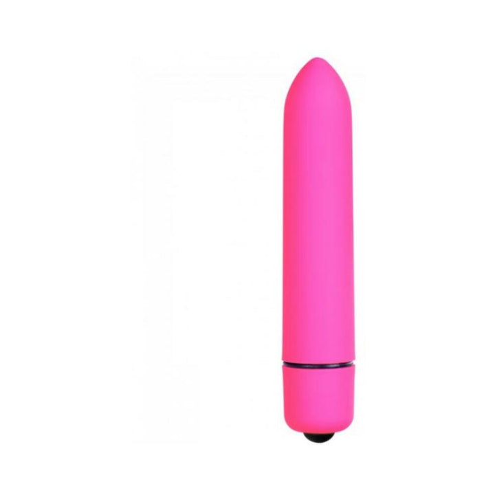 Pink bullet vibrator with a smooth, pointed tip and single button control on a white background.