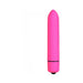Pink bullet vibrator with a smooth, pointed tip and single button control on a white background.