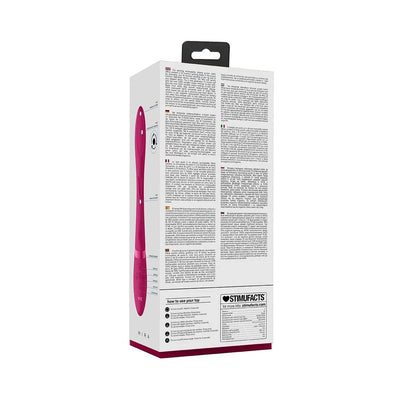 Packaging box of Mira rechargeable silicone G-spot rabbit vibrator in vibrant pink with product details and usage instructions.