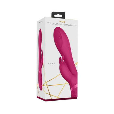 Packaging box of Mira rechargeable silicone G-spot rabbit vibrator in vibrant pink with gold geometric accents.