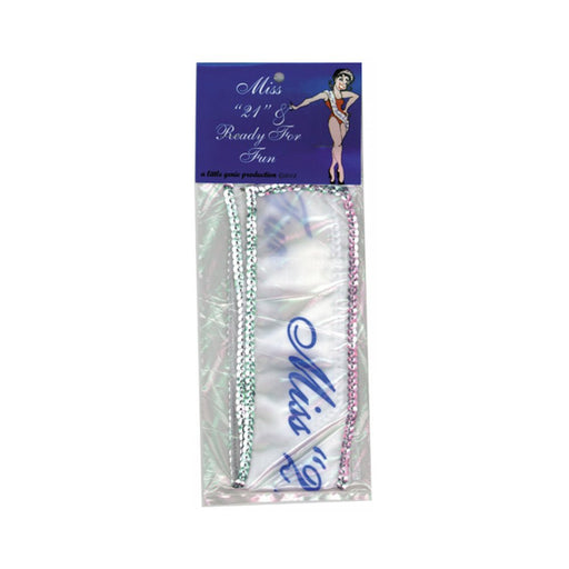 Miss 21 & Ready For Fun white satin sash with blue lettering and sequined trim in packaging