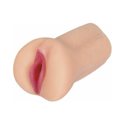 Compact flesh-toned textured adult toy with realistic lips and open-ended design for enhanced sensation and easy cleaning.