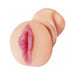 Compact flesh-toned textured adult pleasure sleeve with realistic hand-painted lips and non-slip grip.