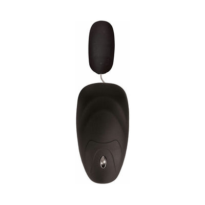 Black ergonomic remote control with attached oval vibrating bullet for personal use.