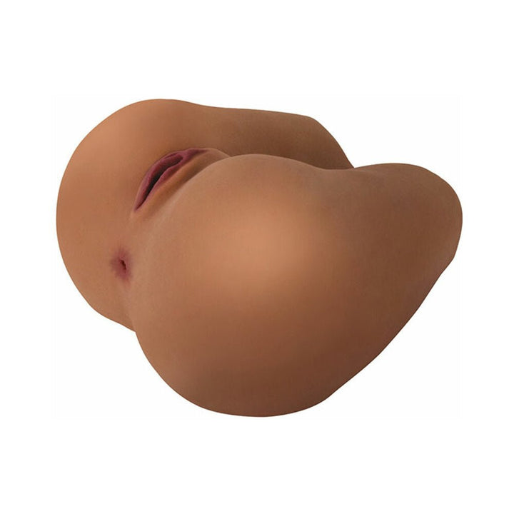 Tan-colored realistic stroker toy with dual textured openings and contoured shape for grip and comfort.