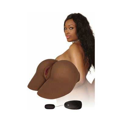 Life-size chocolate-colored vibrating backdoor masturbator with realistic details and remote control, shown with model background.