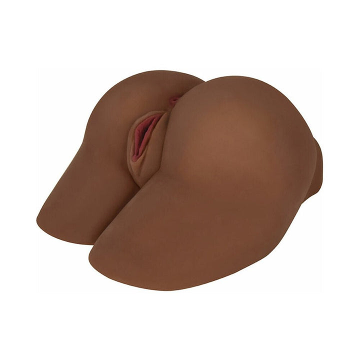 Life-size chocolate-colored vibrating backdoor masturbator with realistic hand-painted details and soft material.