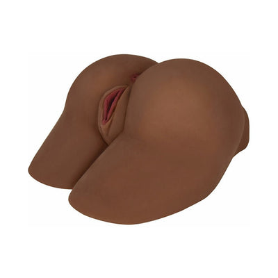 Life-size chocolate-colored vibrating backdoor masturbator with realistic hand-painted details and soft material.