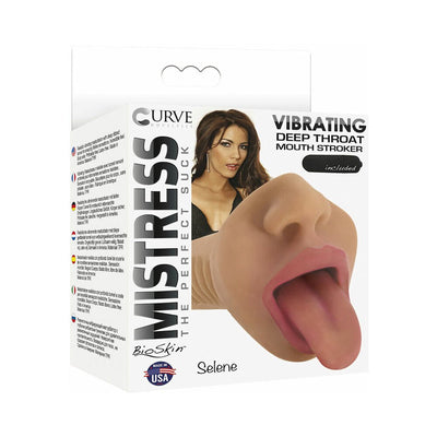 Packaging of Curve Toys Mistress Perfect Suck Courtney vibrating deep throat mouth stroker with realistic mouth design.