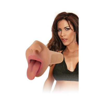 Realistic mouth-shaped vibrating deep throat stroker with textured tongue and throat, shown with a model in black top.