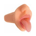 Realistic mouth stroker with extended tongue, soft textured material, and ribbed grip for comfortable use.
