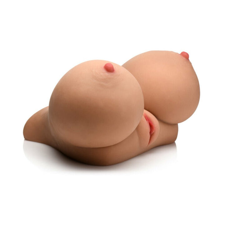 Life-size realistic breast and torso masturbator with detailed nipples and vaginal opening in soft skin tone material.