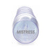 Clear cylindrical stroker with purple accents and "MISTRESS" printed on the end cap, designed for textured stimulation.