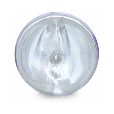 Clear silicone stroker with textured interior and round shape shown from the opening side on white background.