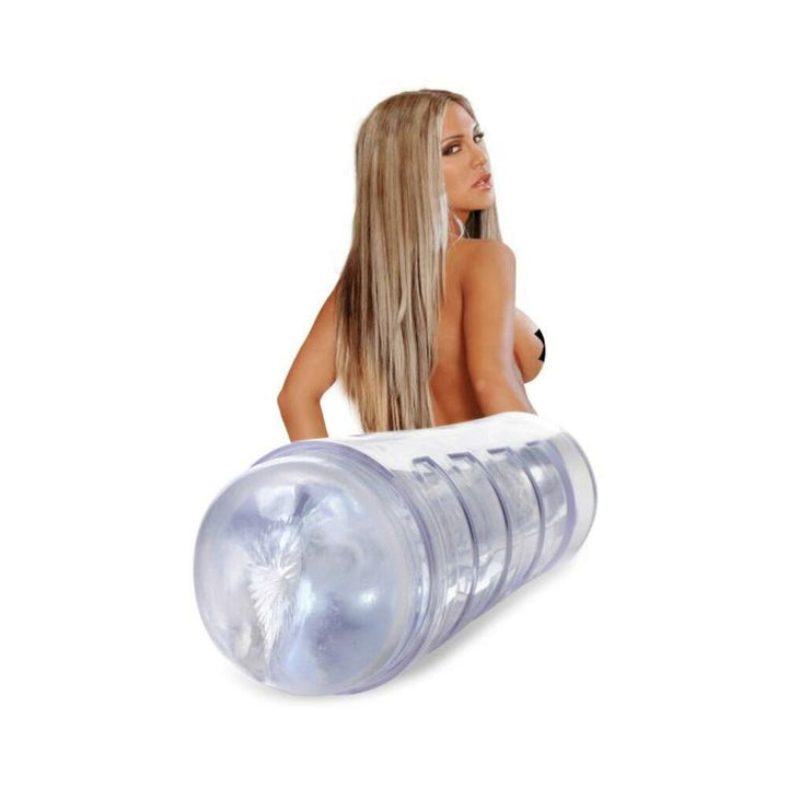 Clear textured male stroker with an image of a woman with long blonde hair on the packaging.